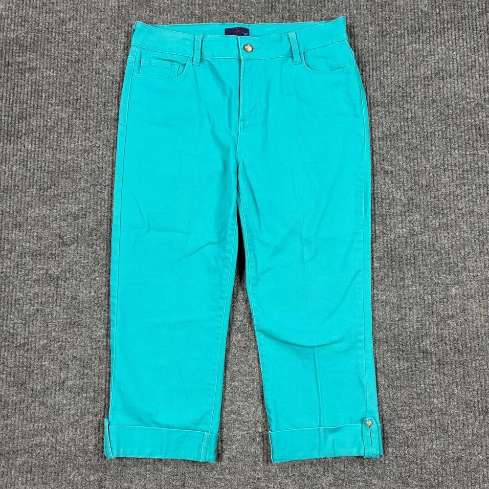 NYDJ Womens Capro Pants Size 10 Teal Stretch Cuffed Hem Mid Rise Casual